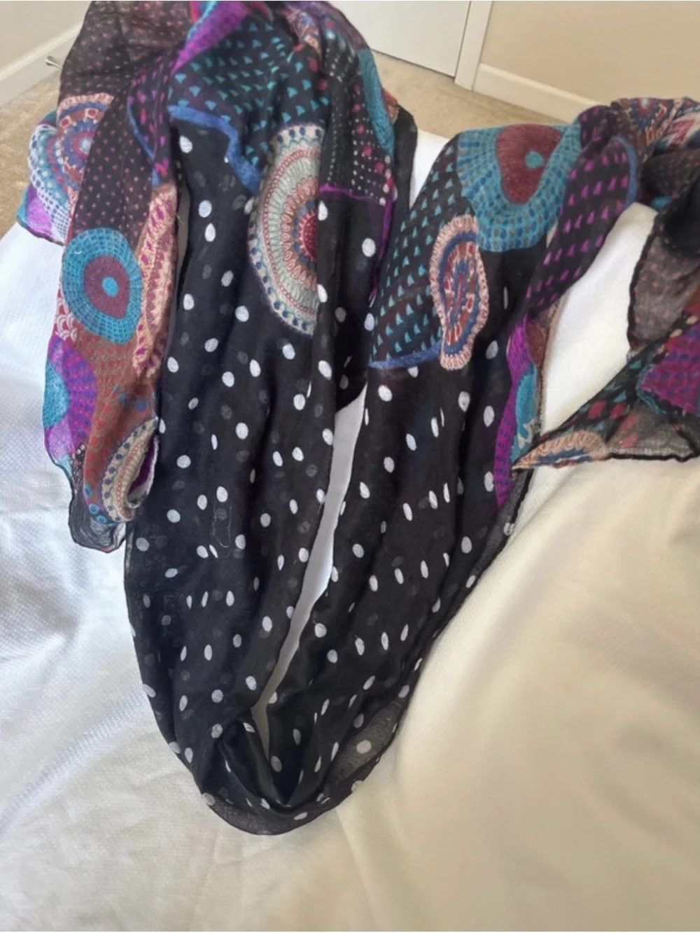 Lightweight Black Multicolor Patterned Scarf